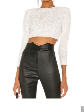 Retrofete Sequin Cropped Long-Sleeve Top - White Size L NWT